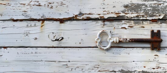Aufkleber - Antique key mounted on rustic white planks conveying a concept of success, with copy space image.