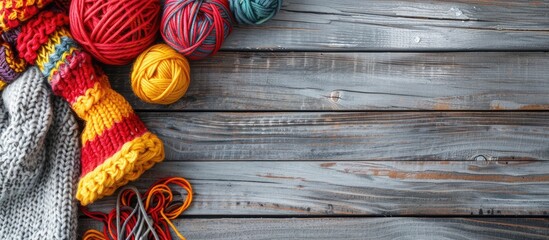 Poster - Top-down photo of a variety of knitting accessories surrounded by copy space on a gray wooden table, allowing for a visually appealing arrangement.