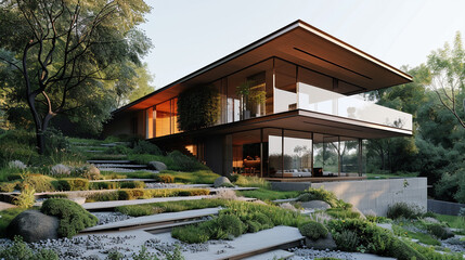 A side view of a contemporary hillside house with a sloped roof, large glass panels, and a side garden with terraced landscaping.