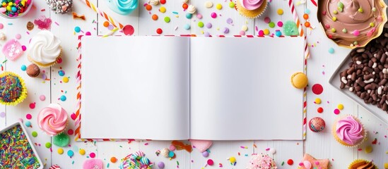 Poster - Creative flat lay for a party theme featuring sweets, confetti, and blank pages, perfect for displaying with a copy space image.