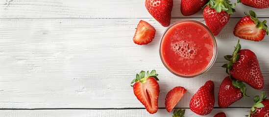 Poster - Strawberry fruit smoothie placed on a white wooden table, with a clear area perfect for adding text or graphics known as a copy space image.