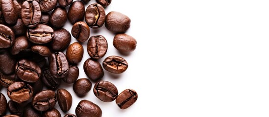 Aufkleber - Coffee beans on a white backdrop with space for text, and focus on the beans. Copy space image. Place for adding text and design