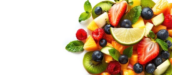 Poster - A fruit salad with green leaves displayed on a white backdrop to enhance vibrant colors in the copy space image.