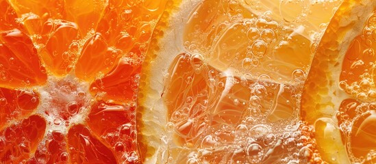 Leinwandbilder - Close-up of vibrant citrus pulp with copy space image for topics like healthy lifestyle, vitamins, nutrition, summer, and juices on a fruit-textured background.