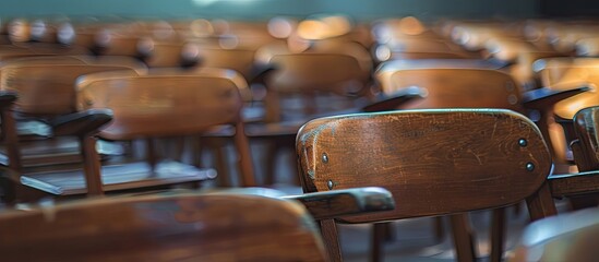 Poster - Blurry background in school featuring vintage wooden lecture chairs for an educational theme with empty space for text or images. Copy space image. Place for adding text and design