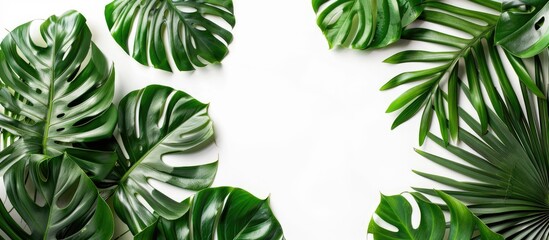 Sticker - Bird's eye view of tropical palm leaves and Monstera plant on a white backdrop, with ample copy space image.