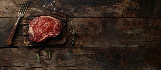 Poster - Rustic background featuring a top view of a second-course table setting with a raw ribeye steak and copy space image for text.