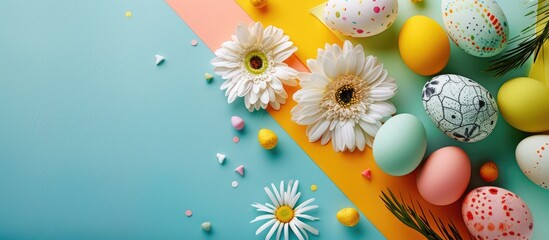 Aufkleber - Easter decorations arranged on a colorful background with Easter eggs in a flat lay top view for a banner with copy space image.