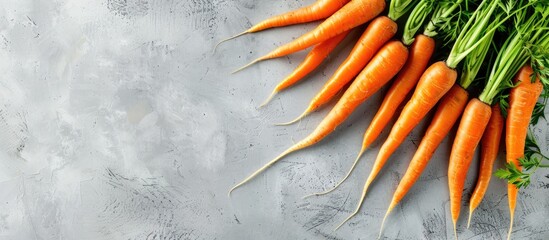 Poster - Fresh carrots arranged on a bright background with space for text or other elements, seen from above. Copy space image. Place for adding text and design