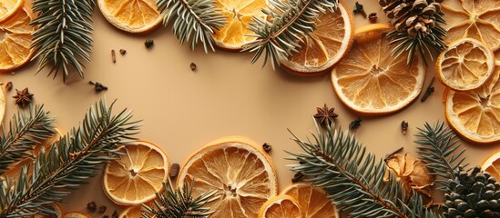 Poster - A festive holiday backdrop adorned with dried orange slices and pine needles, perfect for a copy space image.