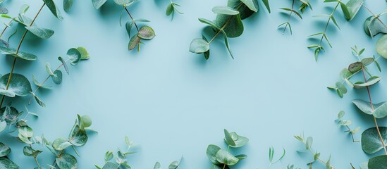 Wall Mural - Eucalyptus branches and leaves on pale blue backdrop with eucalyptus frame; top view flat lay for a banner with available copy space image.