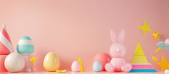 Aufkleber - An abstract composition with geometric shapes using toys on a light background, suitable as an Easter or baby-themed banner with elements for design and a spot for text, featuring minimalism and copy