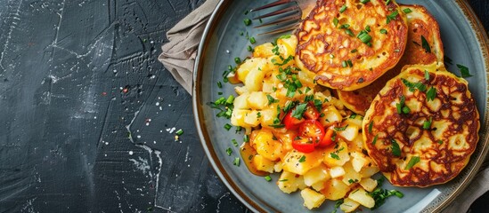Poster - Overhead view of potato pancakes and hash browns on a plate with copy space image.