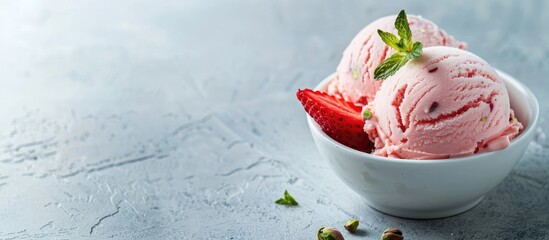 Poster - Delicious scoop of strawberry and pistachio ice cream with copy space image.