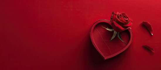 Aufkleber - Valentine's Day theme with heart-shaped box, red rose, and red background, ideal for romantic messages; includes copy space image.