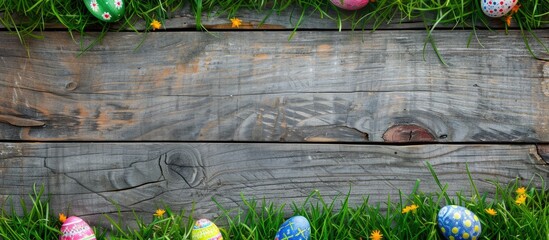 Aufkleber - Rustic wooden background with colorful Easter eggs, fresh green grass, and copy space image.