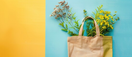 Poster - Eco-friendly shopping bag placed on colorful backdrop for zero waste concept. Top view with spacious copy space image.