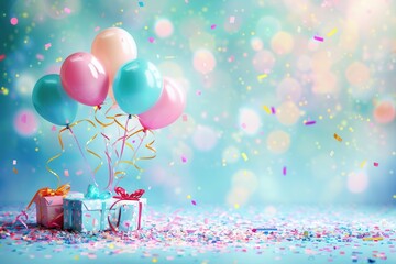 Poster - Vibrant colorful balloons, confetti, and presents set against a bright blue background for a perfect birthday party backdrop. Generative AI