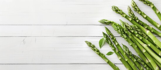 Aufkleber - Scandinavian-inspired top-down view mockup featuring fresh green asparagus on a white wooden table, designed with copy space for a blog or recipe book's visual content.