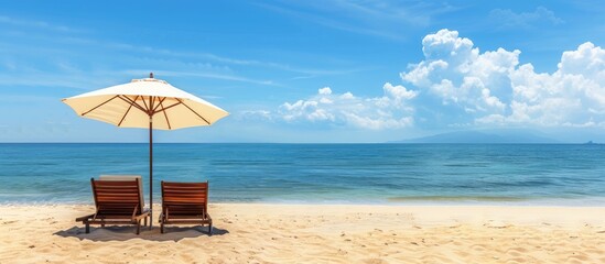 Aufkleber - A chaise longue on a sandy beach with an umbrella, set against the sea and sky, offering copy space image.