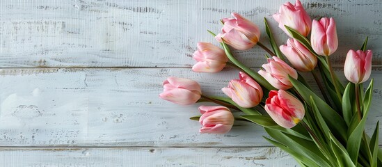 Aufkleber - A spring-themed Mother's Day greeting card featuring a bunch of charming pink tulips on a rustic white table, with room for additional elements in the image.