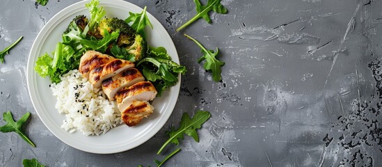 Wall Mural - Healthy diet concept showcasing grilled chicken, green vegetables, and rice on a gray background in a top view, flat lay composition with copy space image.