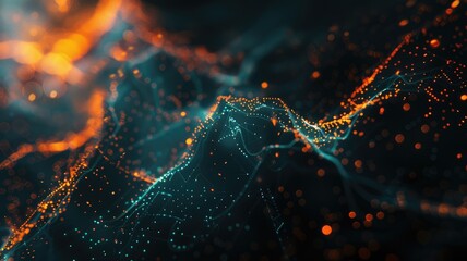 Poster - Abstract art of digital network with glowing orange and blue dots on a dark background. digital art of glowing lines and dot connecting. Technology and data visualization concept for wallpaper. AIG53F