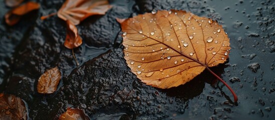 Aufkleber - A solitary brown leaf with rain droplets enhancing its veins, set against a damp path, provides a striking image with copy space.