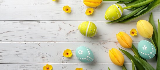 Fototapete - Top view image featuring a spring-themed Easter background with vibrant eggs, yellow tulips, set on a white wooden surface for copy space.