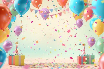 Poster - A cheerful image featuring vibrant balloons, confetti, and presents in a backdrop perfect for a childs birthday party. Generative AI