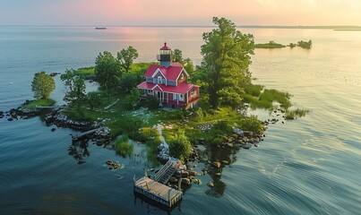 Wall Mural - A small house is on a small island in the middle of a lake