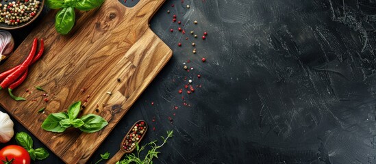 Poster - Wooden cutting board and various ingredients displayed on black table in flat lay composition with copy space image.