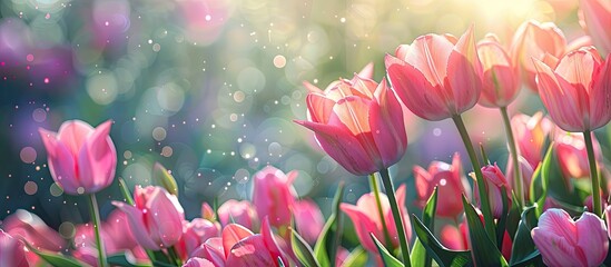 Aufkleber - A creative banner featuring pink tulip flowers, with a beautiful view for adding text or graphics. Suitable for Mother's day or Valentines. Suitable for flat lay photography. Copy space image