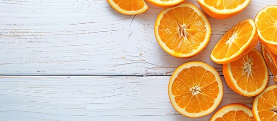 Poster - Top-down view of orange slices on a white wooden table surface with ample space for adding images.