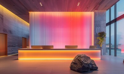 Wall Mural - vertical light panels go from pink to acid green hues, creating an ethereal gradient effect, modernism, expert, minimalist reception desk subtly lit,