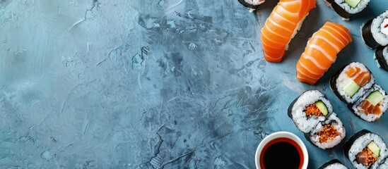 Aufkleber - Sushi and maki assortment with soy sauce on a blue stone backdrop, viewed from the top with space for text or other elements. Copy space image. Place for adding text and design