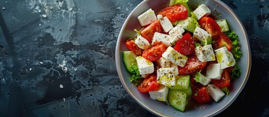 Poster - Top view of a Greek salad with feta cheese, providing ample copy space image.