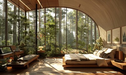 Wall Mural - Hotel interior design, warm space, large floor to ceiling windows, forest outside the window, futuristic design