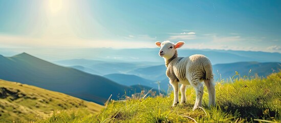 Poster - Mountain slope with sunny grass, lamb gazing backward in morning light, under clear blue sky, in captivating copy space image.