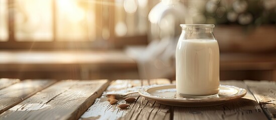 Aufkleber - Front view of a glass jar with healthy almond milk on a wooden table, with an empty plate, and copy space image in the blurry background.