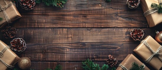 Wall Mural - Christmas-themed backdrop with gift boxes, rustic decor on vintage wood. Stylish top view layout with borders and ample copy space image.