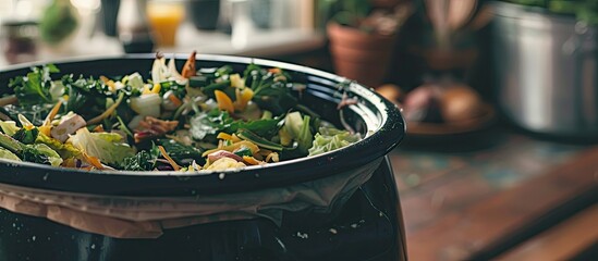 Poster - Detailed close-up of a kitchen counter compost bin with leftover food scraps, featuring ample copy space image.