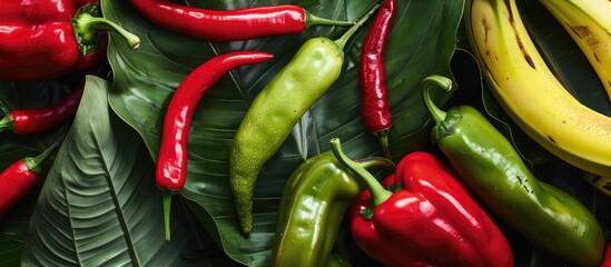 Poster - Banana tree leaves serve as background for red and green peppers in a copy space image.