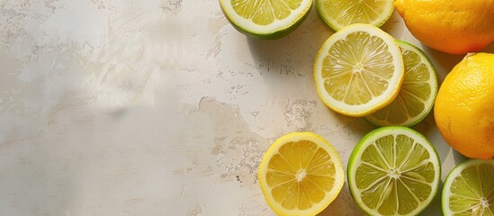 Poster - Fresh lemon and lime slices displayed on a light table with kitchen wooden top, creating a vibrant copy space image.