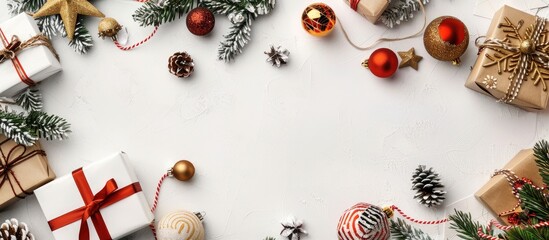 Poster - A festive Christmas scene with decorations and handmade gifts on a white background seen from above, with space for text or images. Toned effect applied. Copy space image