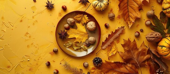 Aufkleber - Top view of an artistic fall arrangement with a plate on dry leaves, chestnuts, and various items against a yellow and ocher backdrop, ideal for adding text. Copy space image