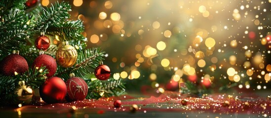 Poster - Background for New Year and Christmas with a festive fir tree, ornaments, and space for text. Copy space image. Place for adding text and design