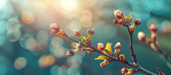 Fototapete - Copy space image showing tree buds blooming in early spring with a blurred background for added focus.