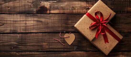 Wall Mural - Gift box in brown with a red ribbon and tag on a wooden background with ample copy space image.