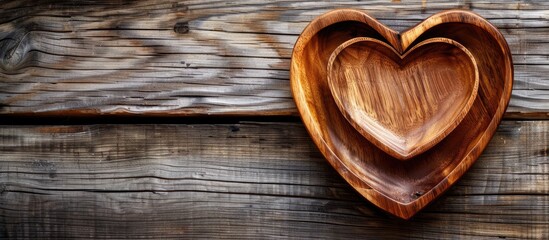 Aufkleber - Top view of a heart-shaped wooden plate on a wooden background with copy space image.
